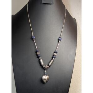 Etched Silver Tone Puffed Heart Dangle Pendant Blue Bead Bugle Bead 24" Necklace